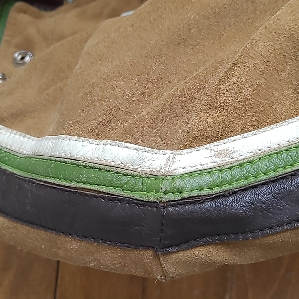 Vintage 90s MISS SIXTY Racer Moto Aviatior Suede Tan Jacket Brown Stripes M/L - Picture 15 of 15
